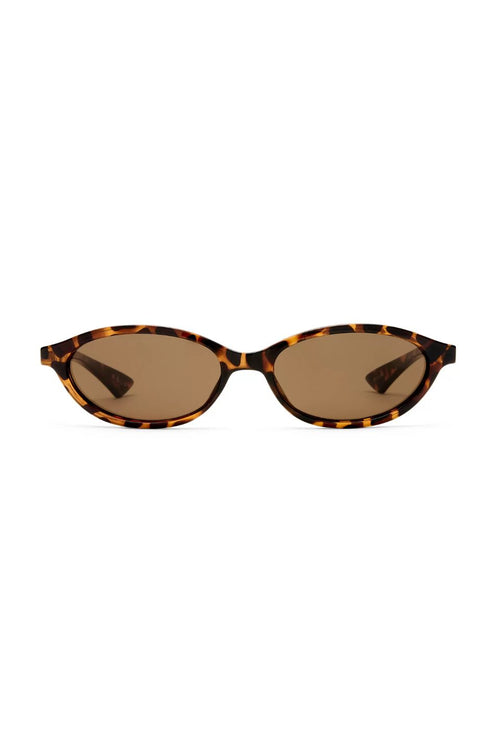 Oval sunglasses with a classic tortoiseshell pattern frame and brown lenses, shown against a plain white background.