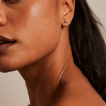 model wearing Bubble Heart Stud Rhodium Earrings