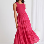 Sorella Raspberry Shirred Cotton Sleeveless Waist Cut Out Tiered Maxi Dress