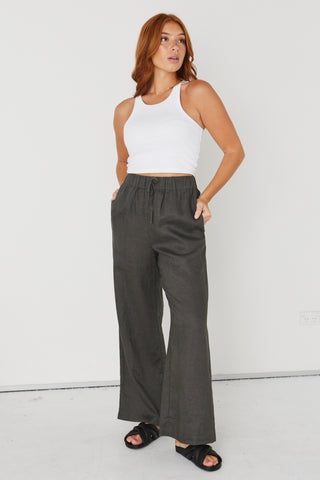 Resort Dark Olive Linen Wide Leg Elastic Waist Pant WW Pants RE:Union   