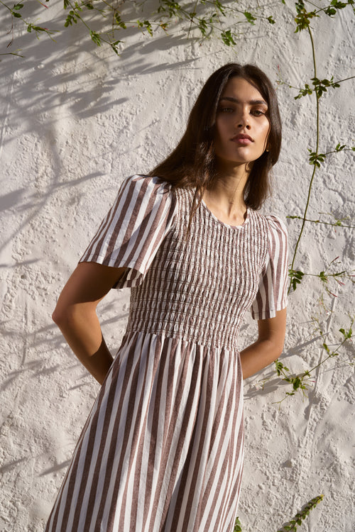 brown white striped dress