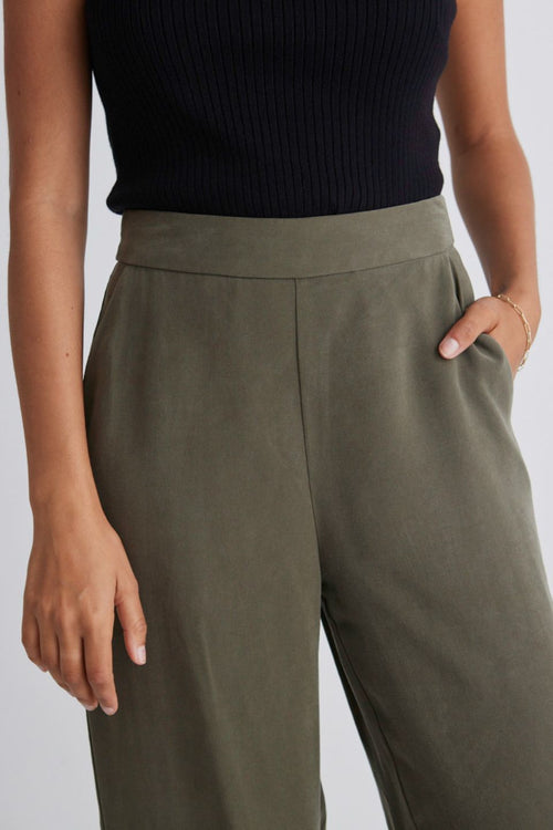 Effortless Khaki Viscose Deep Band Wide Leg Pant WW Pants Among the Brave   