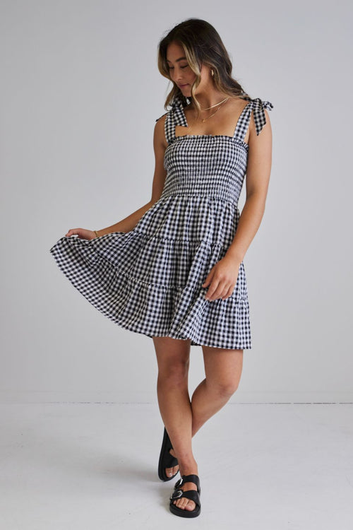 Arabella Black and White EOL Gingham Shirred Tie Strappy Mini Dress WW Dress Ivy + Jack   