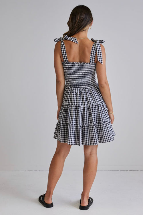 Arabella Black and White EOL Gingham Shirred Tie Strappy Mini Dress WW Dress Ivy + Jack   