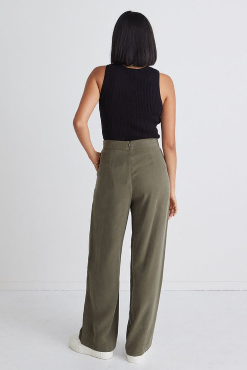 Effortless Khaki Viscose Deep Band Wide Leg Pant WW Pants Among the Brave   