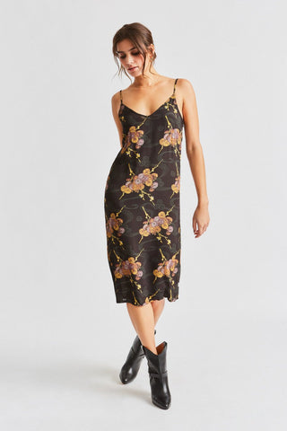 Heidi Black Moss Print Midi Bias Dress WW Dress Brixton   