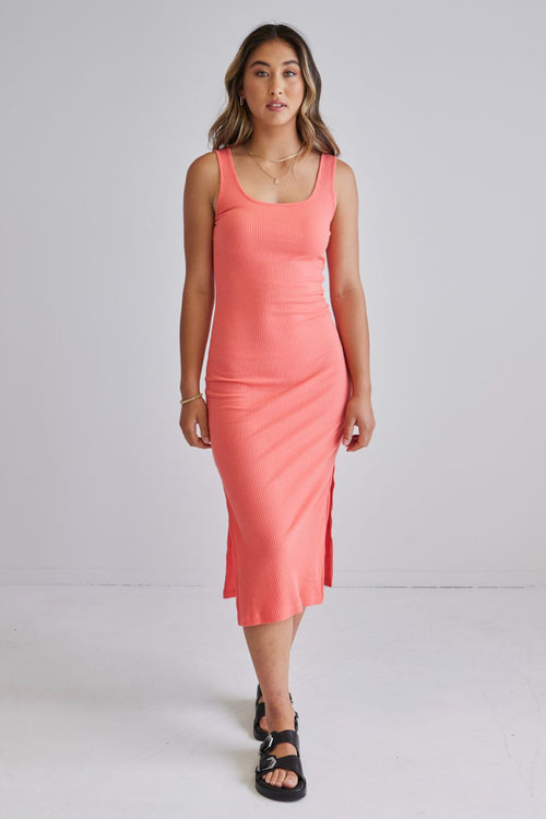 Effortless Watermelon Square Neck Rib Tank Midi Dress WW Dress Among the Brave   