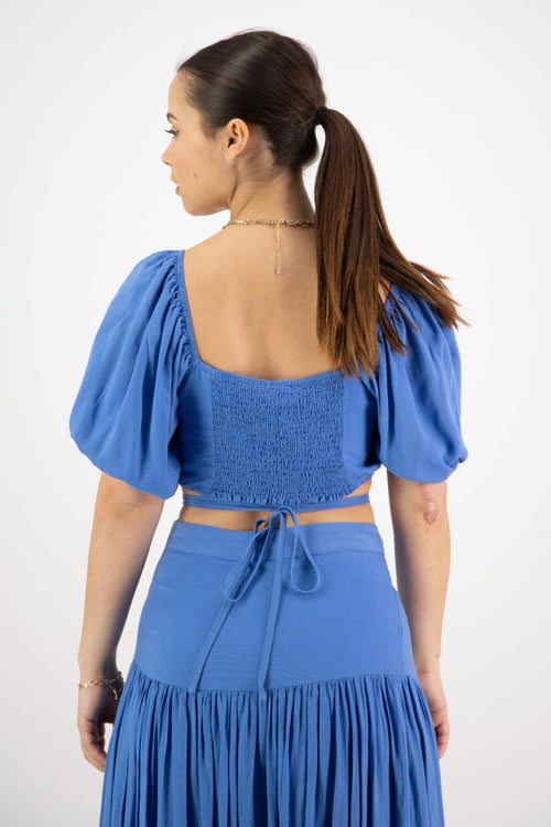 Harlow Cornflower Linen Blend Square Neck Puff SS Tie Waist Crop Top WW Top Ivy + Jack   