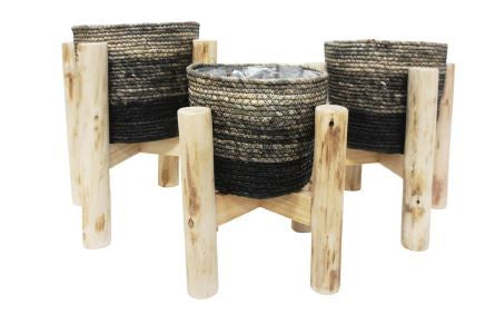 Maize Grey + Black Basket on Wood Stand Large HW Planters, Foliage, Artificial Flowers Robert Mark   