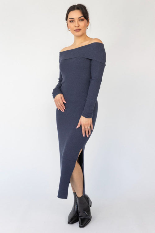 Sophie Navy Marle Off Shoulder Rib Knit Midi Dress WW Dress Among the Brave   