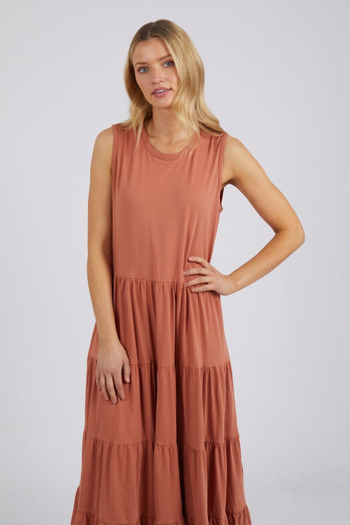 Nebraska Copper Sleeveless Tiered Jersey Midi Dress WW Dress Foxwood   