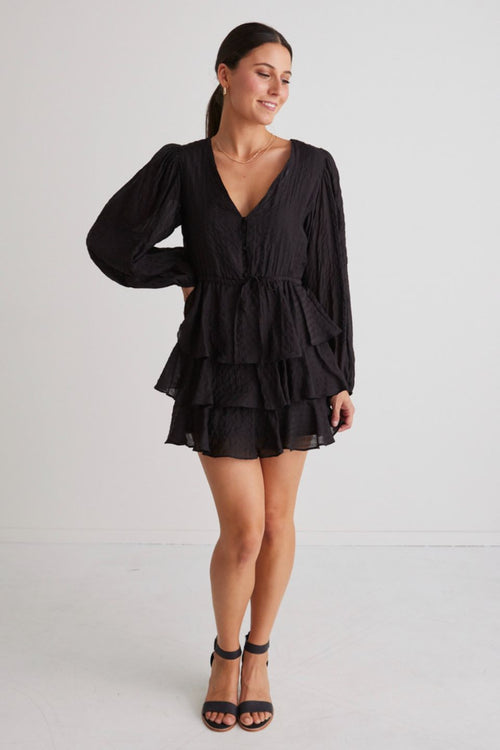 Evita Black LS V Neck Mini Tiered Dress WW Dress Ivy + Jack   