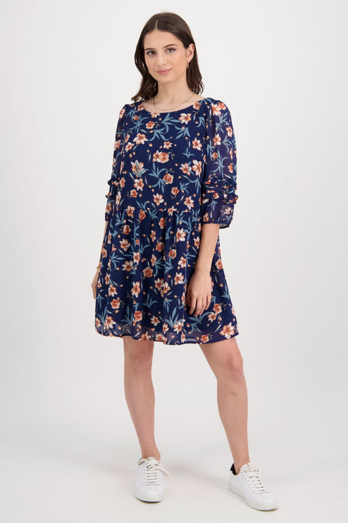 Beachside Ink Floral Ruffle Sleeve Mini Dress WW Dress Among the Brave   