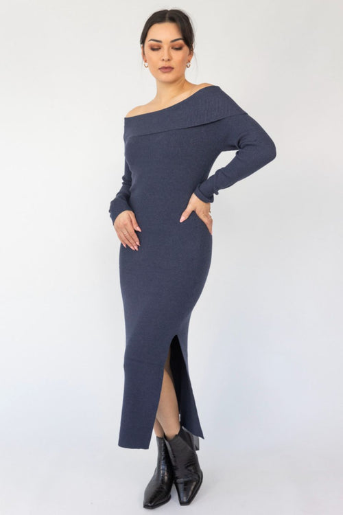 Sophie Navy Marle Off Shoulder Rib Knit Midi Dress WW Dress Among the Brave   