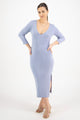 Equinox Sky Blue Half Sleeve V Neck Tie Back Rib Knit Midi Dress