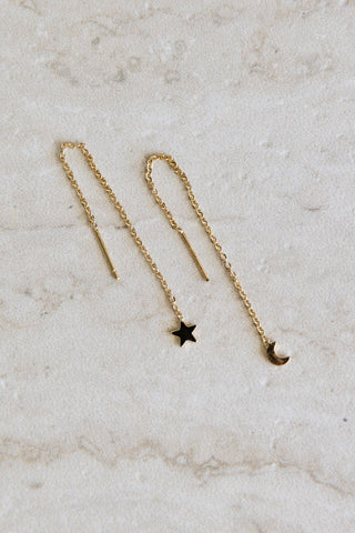 Thread Chain Mini Star + Moon Gold Earrings EOL ACC Jewellery Flo Gives Back 15% to Women In Need   