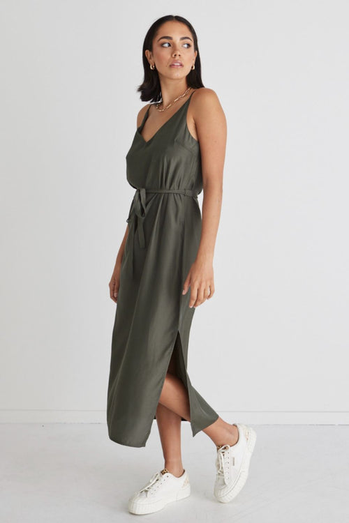 Lulu Khaki Washer Satin Tie Waist Midi Slip Dress WW Dress Among the Brave   