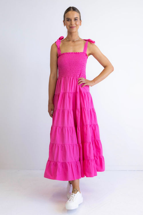 Isabella Hot Pink Cotton Poplin Strappy Tiered Maxi Dress WW Dress Ivy + Jack   