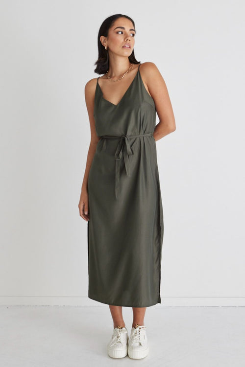 Lulu Khaki Washer Satin Tie Waist Midi Slip Dress WW Dress Among the Brave   