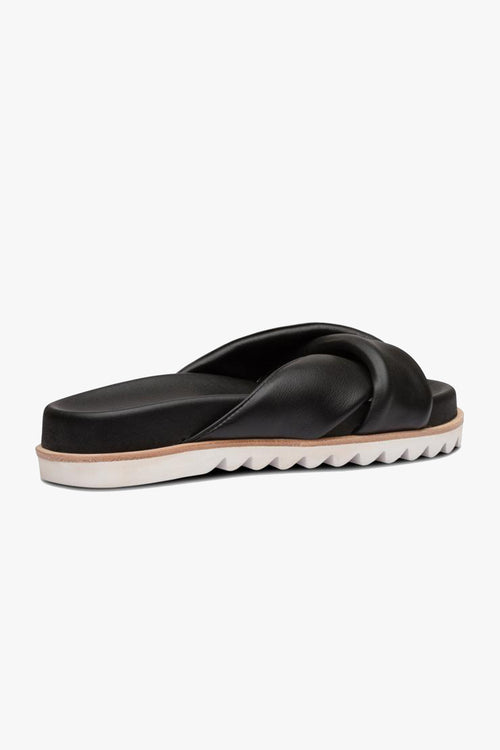 Avalyn Flat Crossover Black Leather Slides With White Base General Solsana   