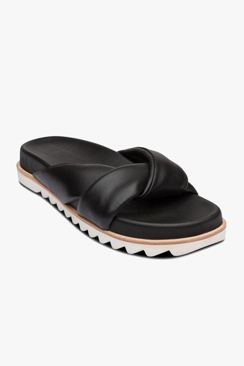 Avalyn Flat Crossover Black Leather Slides With White Base General Solsana   