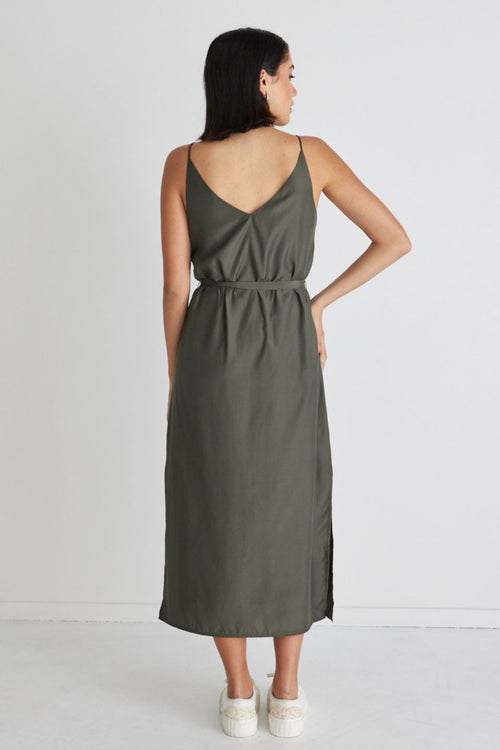 Lulu Khaki Washer Satin Tie Waist Midi Slip Dress WW Dress Among the Brave   