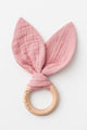 Organic Muslin + Natural Beechwood Bunny Ear Teether Shell Pink