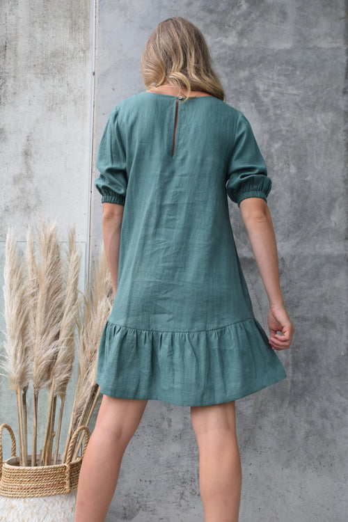 California Forest Frill Hem Puff Sleeve Linen Shift Dress WW Dress Among the Brave   