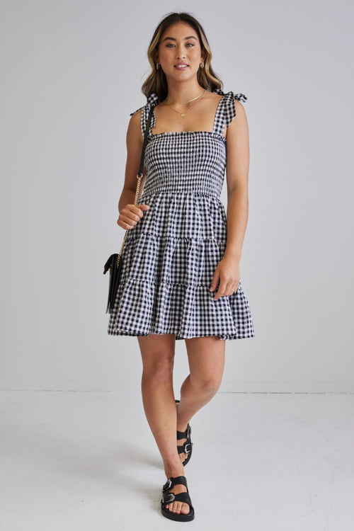 Arabella Black and White EOL Gingham Shirred Tie Strappy Mini Dress WW Dress Ivy + Jack   