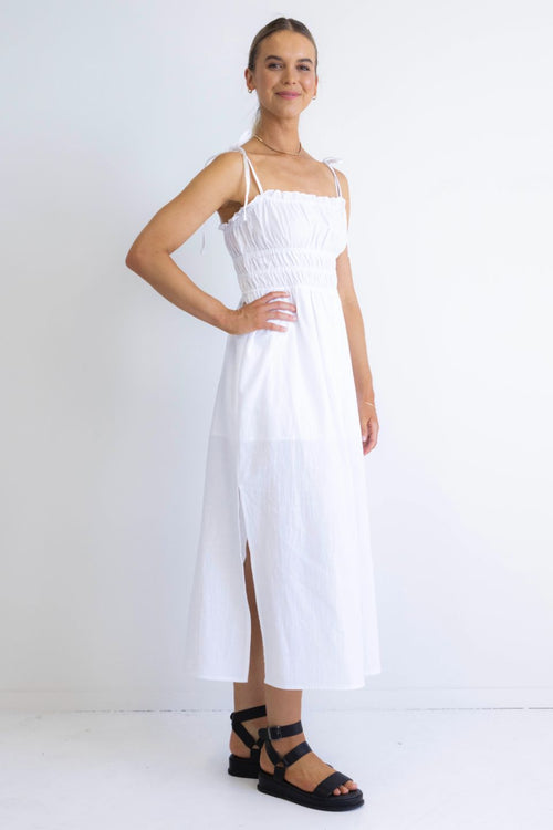 Arcadia White Cotton Gathered Tie Strap Midi Dress WW Dress Among the Brave   