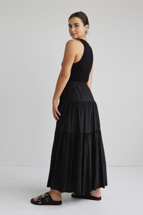 Sensational Black Tiered Satin Tie Waist Maxi Skirt WW Skirt Among the Brave   