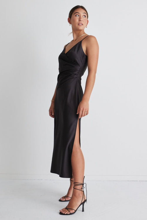 Rapture Black Satin Strappy Mock Wrap Midi Dress WW Dress Among the Brave   