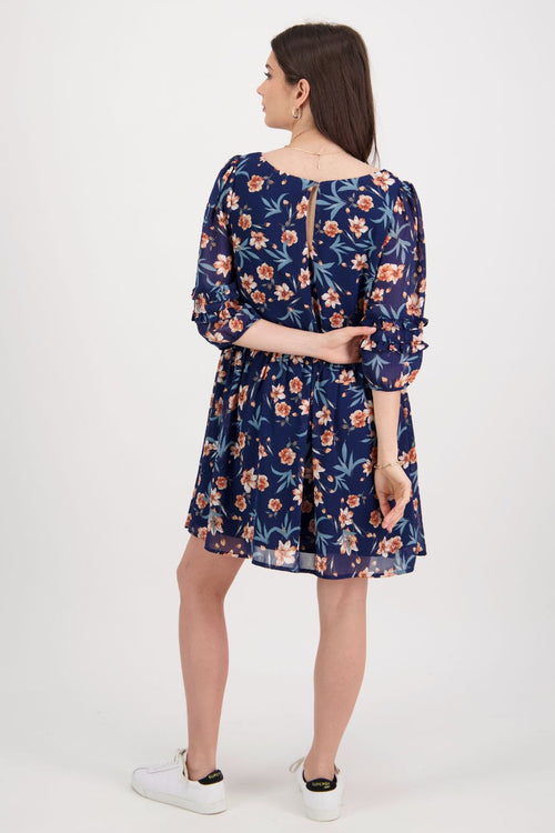 Beachside Ink Floral Ruffle Sleeve Mini Dress WW Dress Among the Brave   