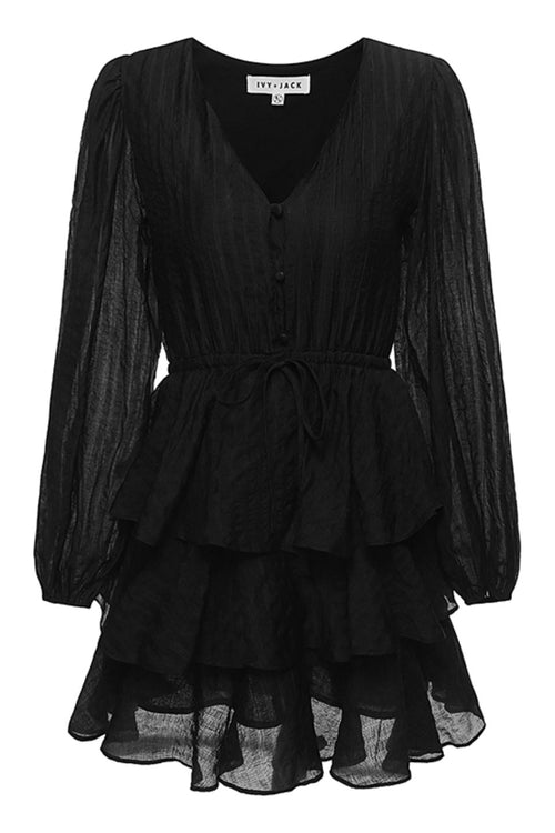 Evita Black LS V Neck Mini Tiered Dress WW Dress Ivy + Jack   