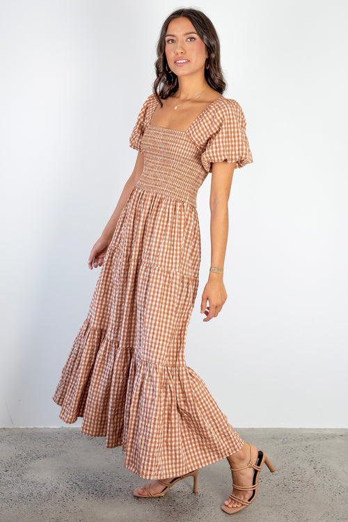 Raven Caramel Cotton Check Square Neck Bubble SS Tiered Midi Dress WW Dress Ivy + Jack   