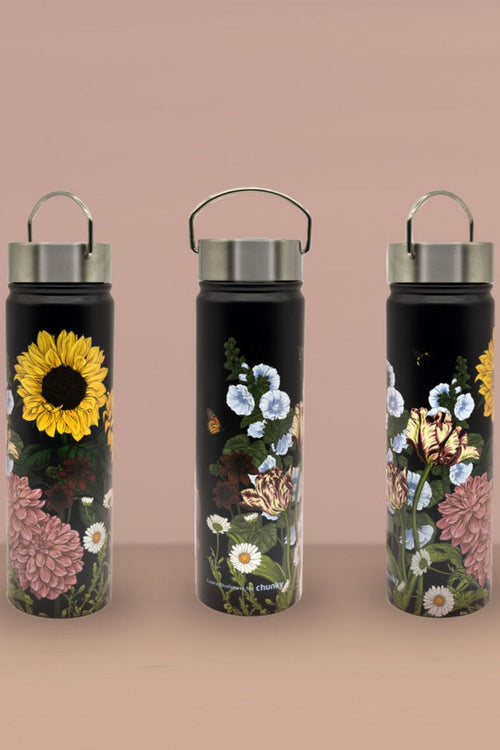 Flower Power Black Floral 650ml Bottle EOL HW Drink Bottles, Coolers, Takeaway Cups Chunky   