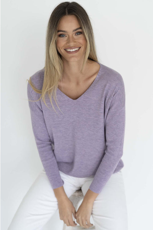 Sienna V Neck Basic Knit Lilac Top WW Knitwear Humidity Lifestyle   