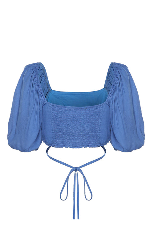 Harlow Cornflower Linen Blend Square Neck Puff SS Tie Waist Crop Top WW Top Ivy + Jack   