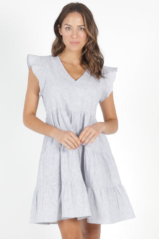 Skyler Linen Blend Tiered Light Grey Pinstripe Dress WW Dress Betty Basics   