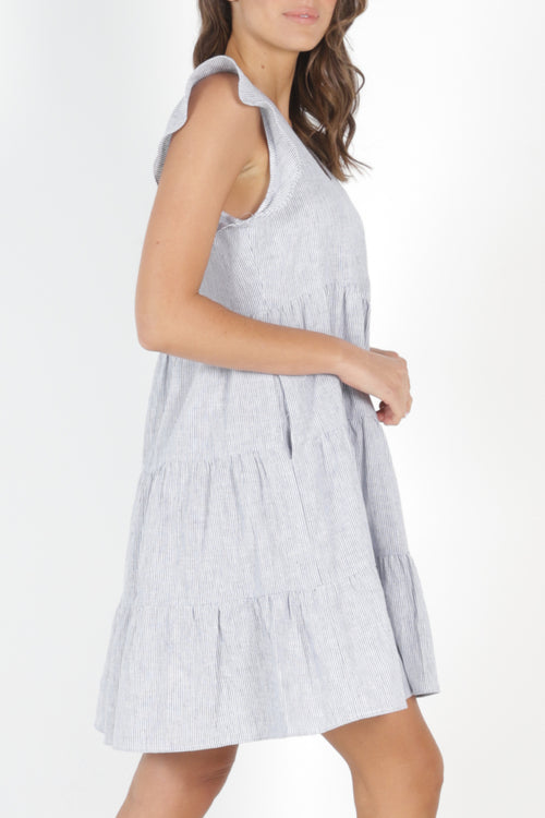 Skyler Linen Blend Tiered Light Grey Pinstripe Dress WW Dress Betty Basics   