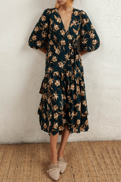 Bonita Peacock Floral LS Wrap Midi Dress WW Dress Bird + Kite   