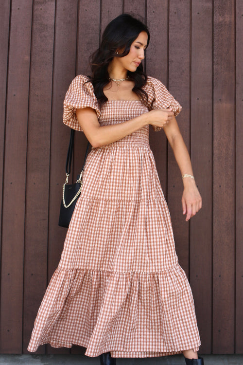 Raven Caramel Cotton Check Square Neck Bubble SS Tiered Midi Dress WW Dress Ivy + Jack   