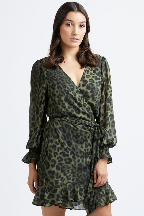 Rumour Has It LS Khaki Animal Wrap Dress WW Dress Leila + Luca   