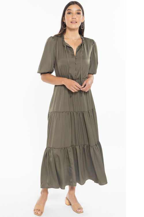 Curious Khaki Puff Short Sleeve Tiered Satin Midi Dress WW Dress Leila + Luca   