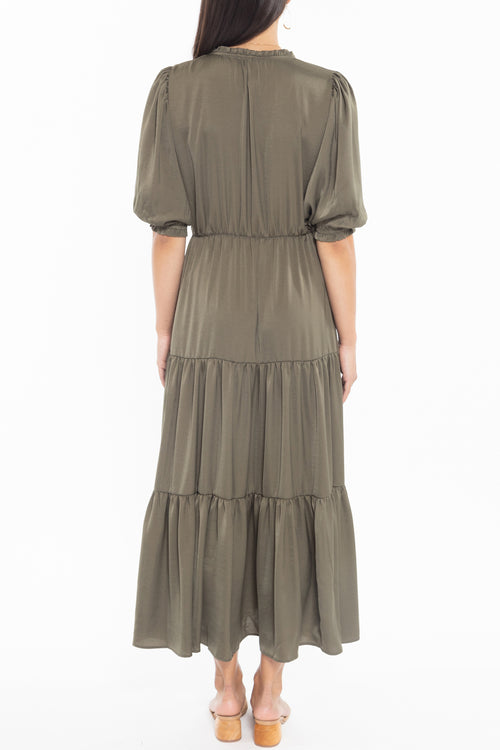 Curious Khaki Puff Short Sleeve Tiered Satin Midi Dress WW Dress Leila + Luca   