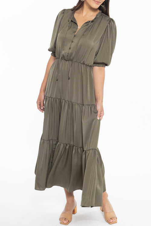 Curious Khaki Puff Short Sleeve Tiered Satin Midi Dress WW Dress Leila + Luca   