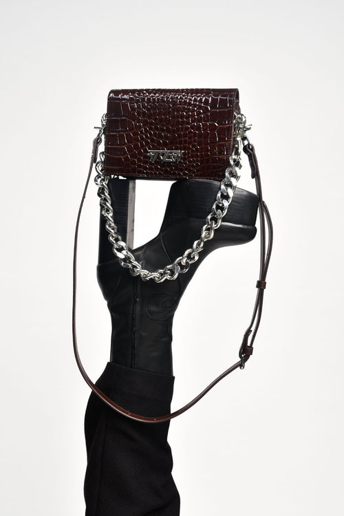 Little Trouble Auburn Croc Shoulder Bag with Silver Chain Hardware ACC Bags - All, incl Phone Bags Stolen Girlfriends Club   