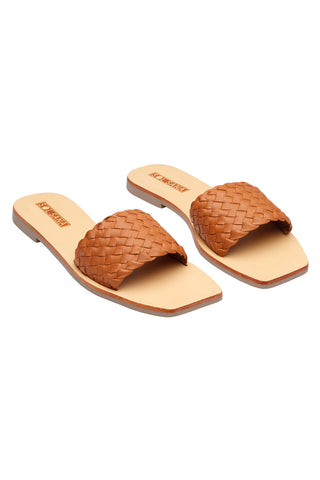 Marigold Woven Toffee Leather Flat Slide General Solsana   