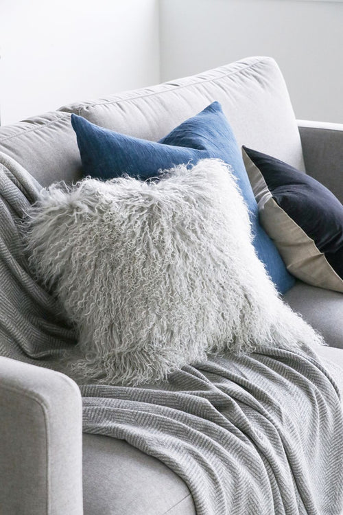 Meru Tibetan Lamb Silver Grey Feather Inner 40x40cm Cushion HW Cushions Mulberi   