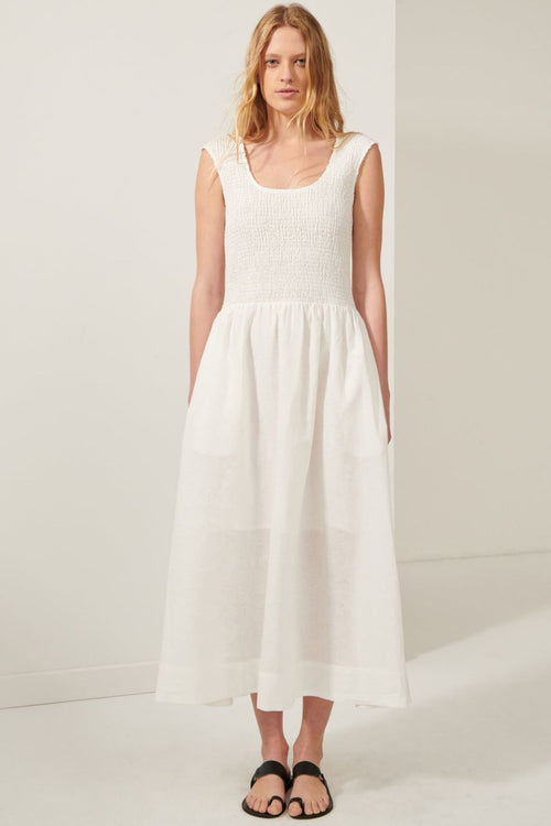 Ivy White Tank Linen Shirred Midi Dress WW Dress POL   